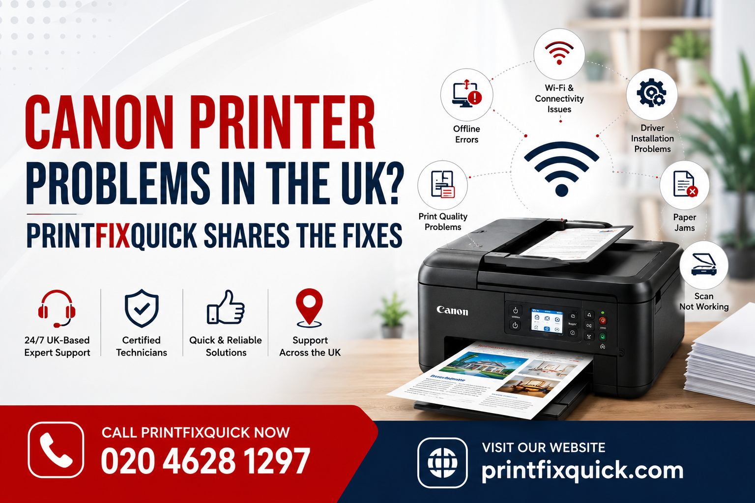 Canon printer problems in the UK including Wi-Fi, offline, driver, paper jam and scanning issues - PrintFixQuick